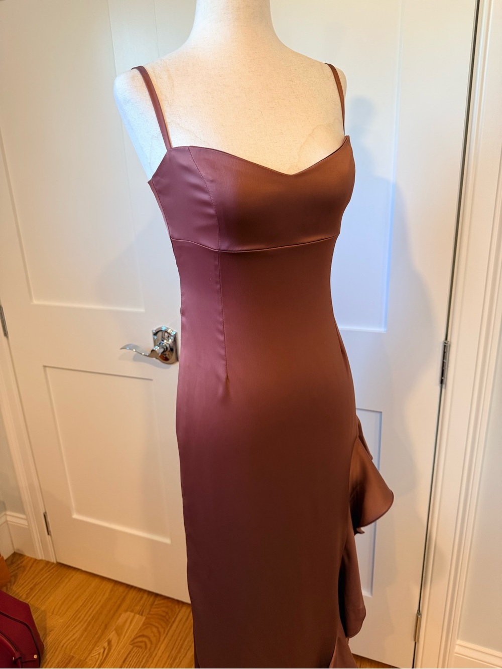 Nookie Sasha Satin High-Slit Ruffle Slip Dress in Mocha - Picture 12 of 15